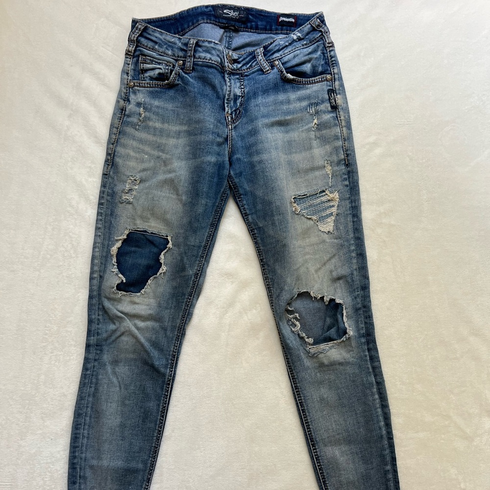 Silver Jeans Denimotion Girlfriend Jeans Womens Blue Destroyed Denim Sz 27x27.5